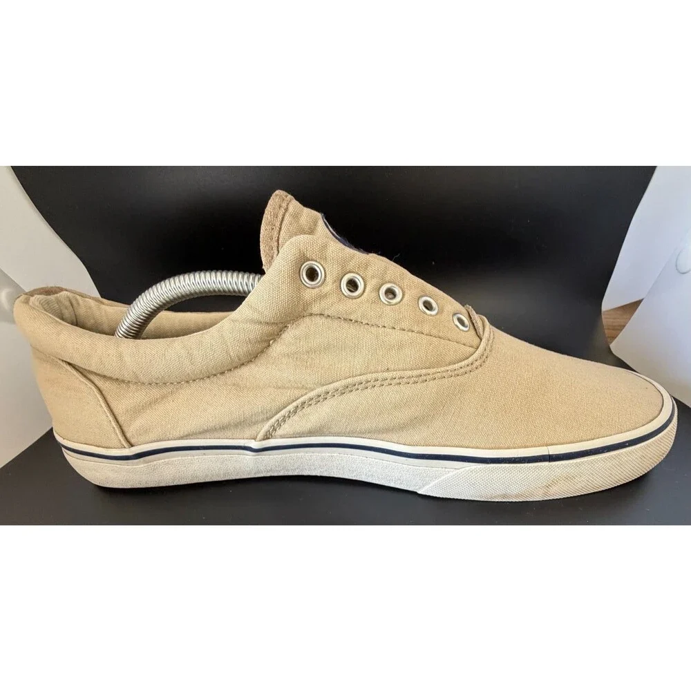 Polo Ralph Lauren Thorton V Men's Khaki Washed Canvas Slip-On Sneakers Sz 12D